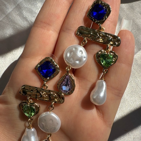 Vintage colourful rhinestone Gold and Gemstone Drop Earrings - Picture 6 of 10